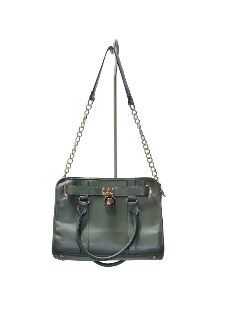 Dasein Vegan Leather Green Satchel Handbag With Gold Chain Strap Red Lining & Mu - Picture 3 of 13